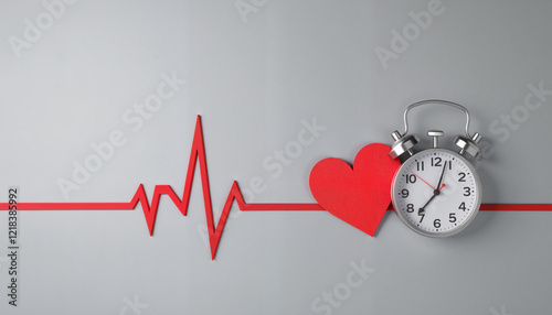 Heartbeat monitor illustration with clock and heart symbol, health awareness
