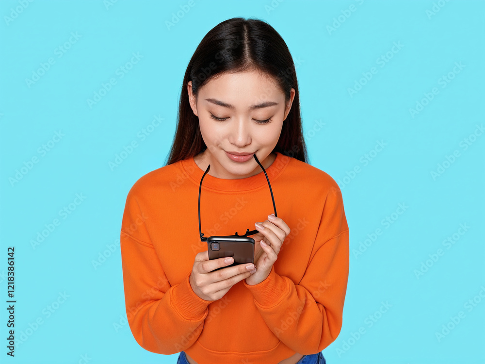 A vibrant collection of portraits featuring a cheerful young woman in an orange sweater, expressing joy and confidence while using technology, with a playful blue background adding a modern and stylis A vibrant collection of portraits featuring a cheerful young woman in an orange sweater, expressing joy and confidence while using technology, with a playful blue background adding a modern and stylis