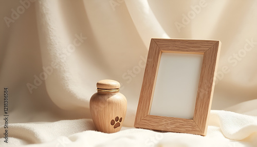 Wooden urn and empty photo frame on soft fabric background representing cherished memories
