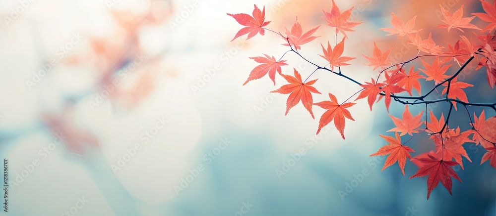 Blurry autumn background featuring vibrant orange and red maple leaves on a slender branch, softly illuminated against a pale blue backdrop. Blurry autumn background featuring vibrant orange and red maple leaves on a slender branch, softly illuminated against a pale blue backdrop.