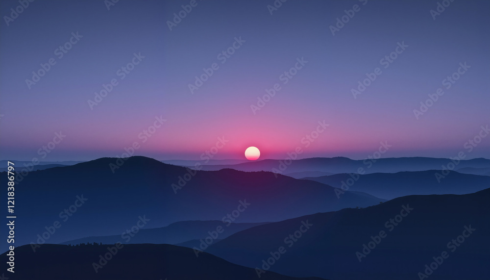 Fototapeta premium Serene sunset over misty hills, tranquility of nature