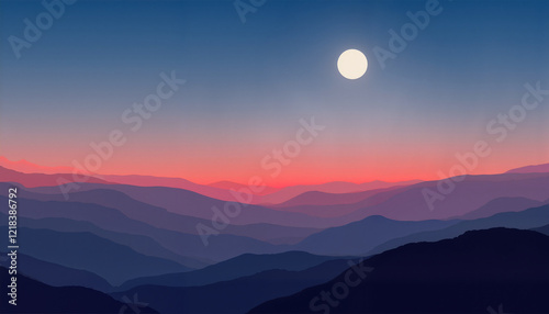 Serene moonrise over tranquil hills at dusk, nature's beauty