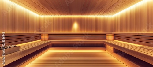 Contemporary sauna interior with warm wooden tones and soft ambient lighting creating a relaxing atmosphere in a high-end sports gym setting