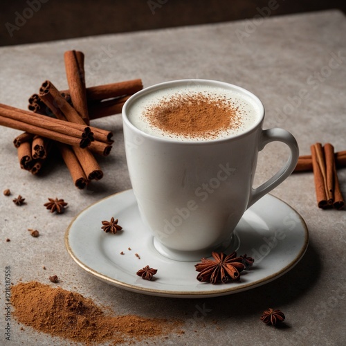A cup of Turkish salep (hot milk drink) topped with cinnamon on a pristine table.A