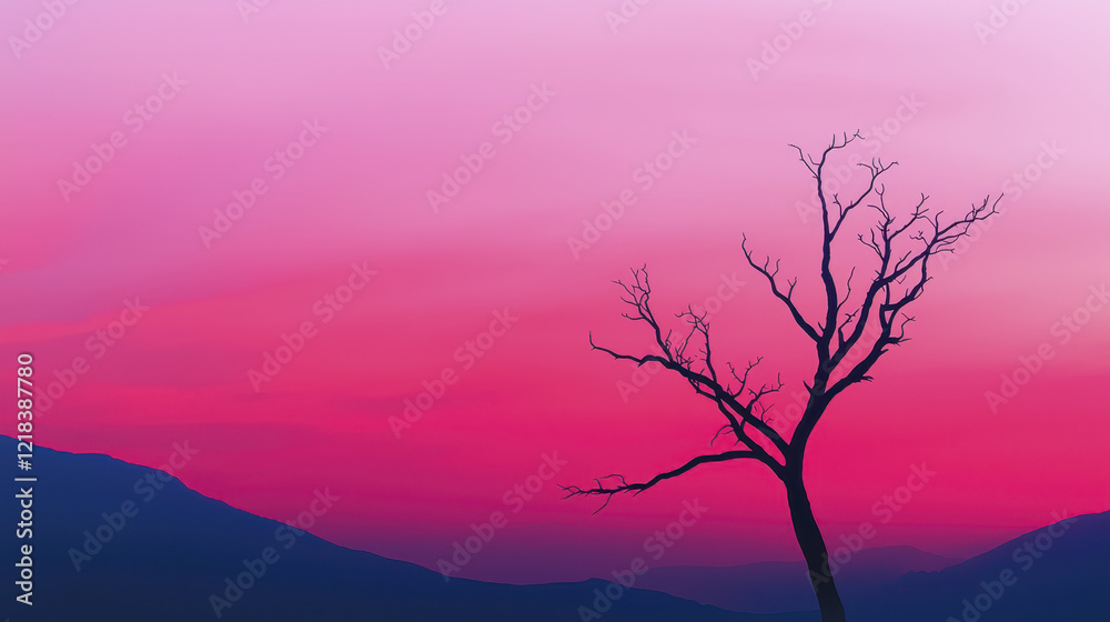 solitary tree stands against vibrant pink sunset, creating serene atmosphere. silhouette contrasts beautifully with colorful sky solitary tree stands against vibrant pink sunset, creating serene atmosphere. silhouette contrasts beautifully with colorful sky