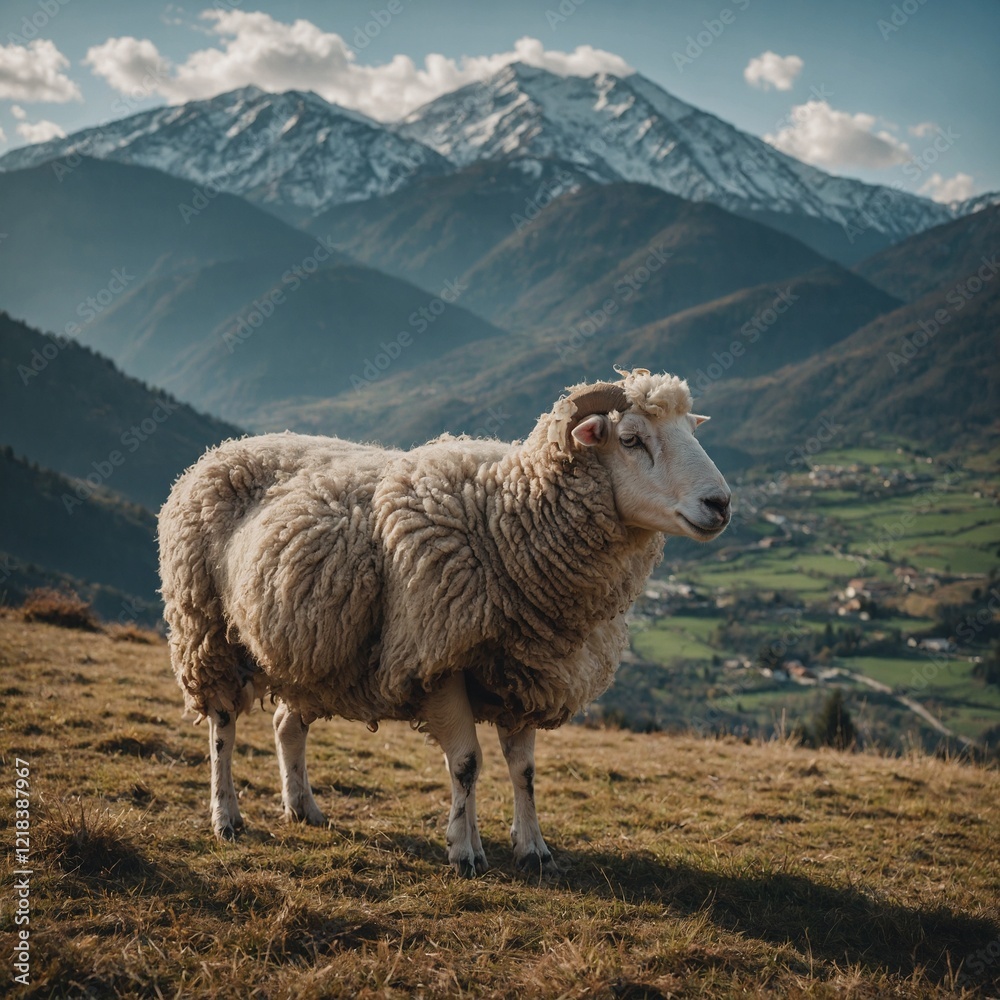 Obraz premium A sheep with a woolly coat walking along a dirt road.