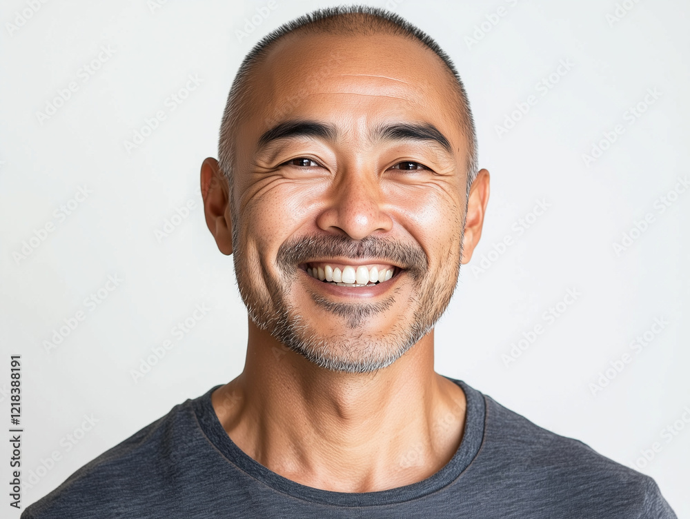 Smiling Man With Short Hair and Beard Poses Against Plain Background in a Casual Setting Smiling Man With Short Hair and Beard Poses Against Plain Background in a Casual Setting