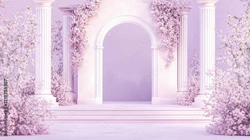 Fototapeta premium Enchanting Pink Archway with Blossoming Cherry Trees and Marble Pillars Wedding Venue Design