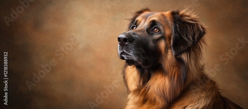 Majestic Leonberg dog with a lush golden mane gazes thoughtfully against a warm brown background in an artistic studio setting. photo