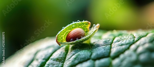 Macro shot of a sprouted seed nestled on a green leaf with detailed textures and soft blurred background to highlight nature's growth and beauty