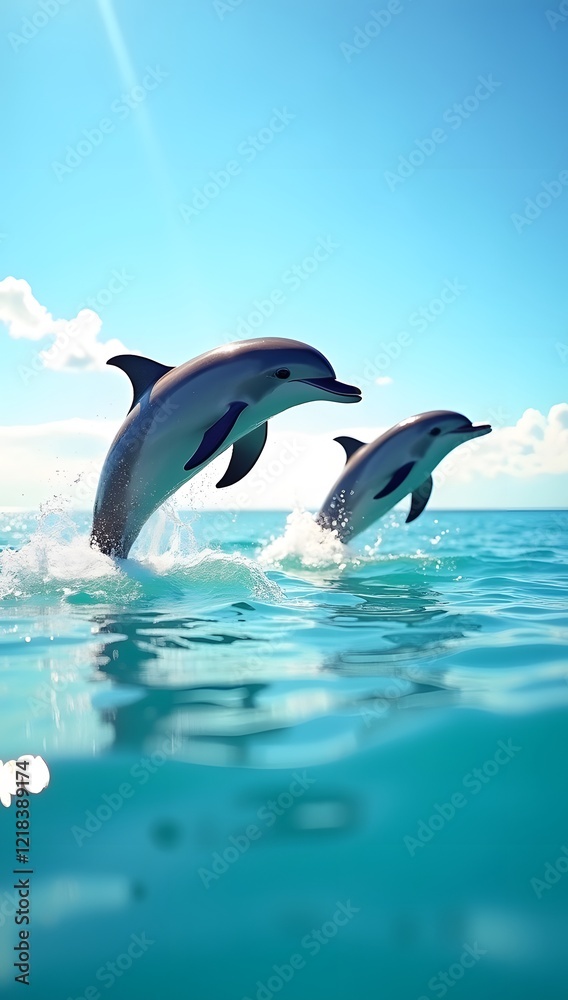 Obraz premium Fun dolphin show in open sea with bright sky and clouds