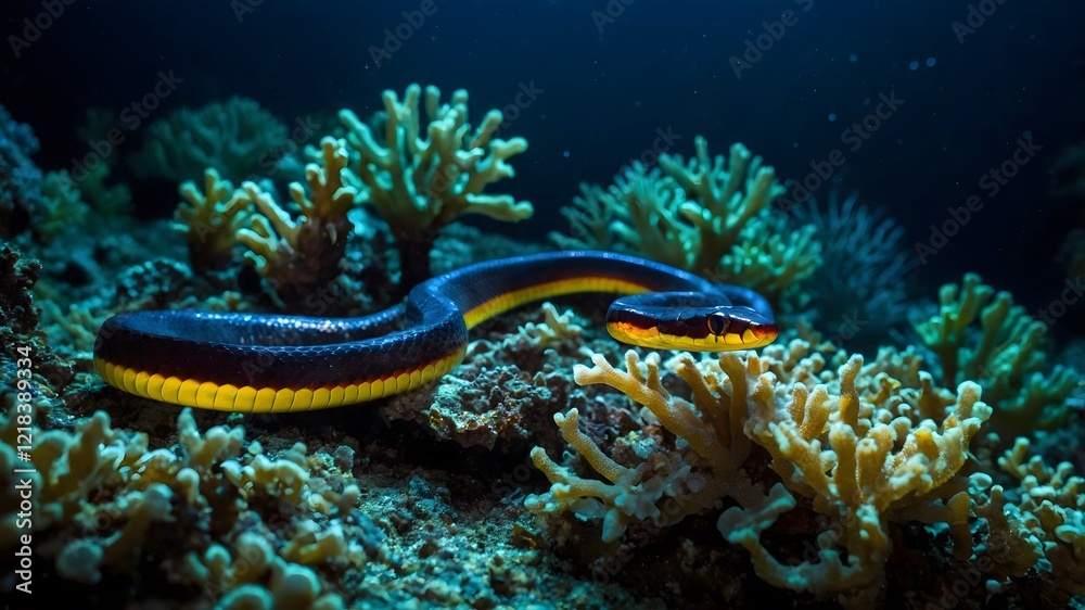 In the Depths: Coral Reef Snake Illuminated by Bioluminescent Plankton In the Depths: Coral Reef Snake Illuminated by Bioluminescent Plankton