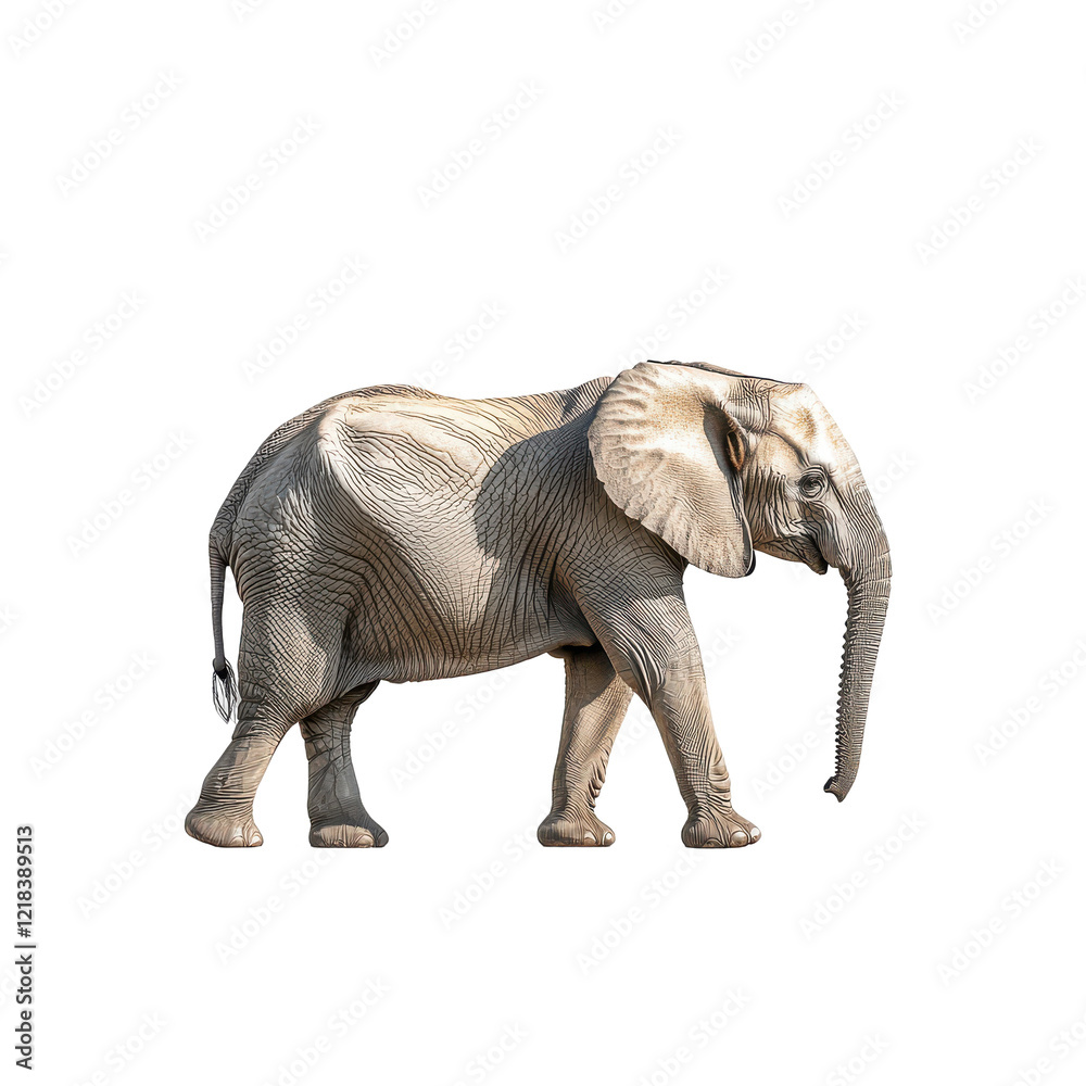Fototapeta premium Young African Elephant Walking Against Black Background