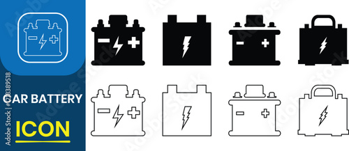 Car battery icon set. Car accumulator, Auto electrical power supply, Automotive charge sign, electric vehicle batteries silhouette, battery Charging service vector illustration.