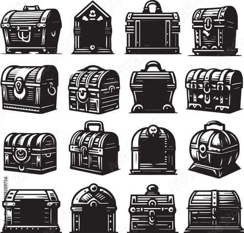 Collection of chest box or trunk box logo icon vector illustration, plunder box or coffer vintage box isolated 