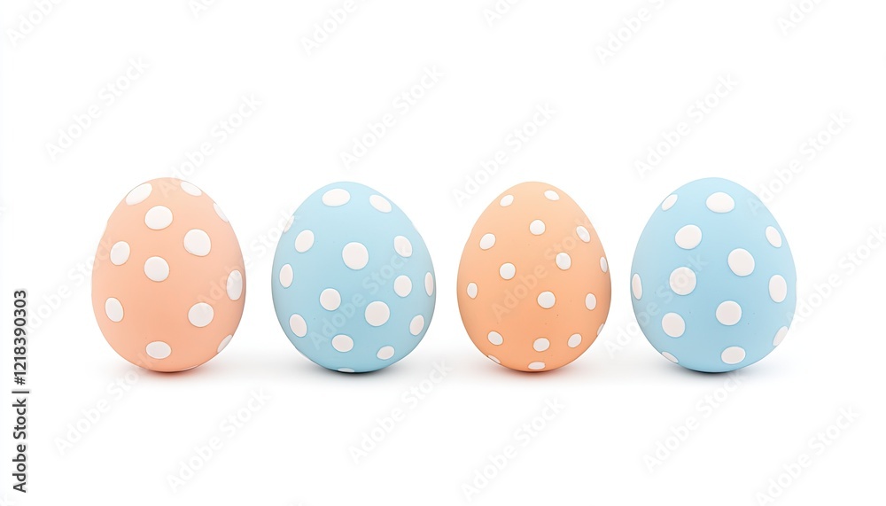 Colorful pastel Easter eggs with polka dots arranged in a row against a clean white background Colorful pastel Easter eggs with polka dots arranged in a row against a clean white background