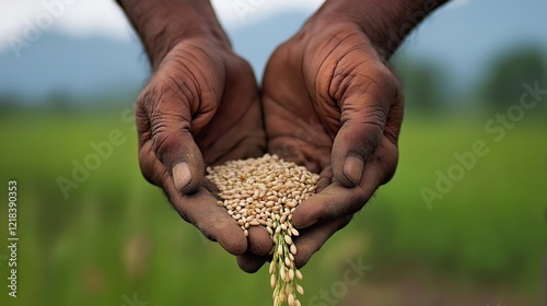 Close-up of an Indian farmer's hand holding rice grains photo