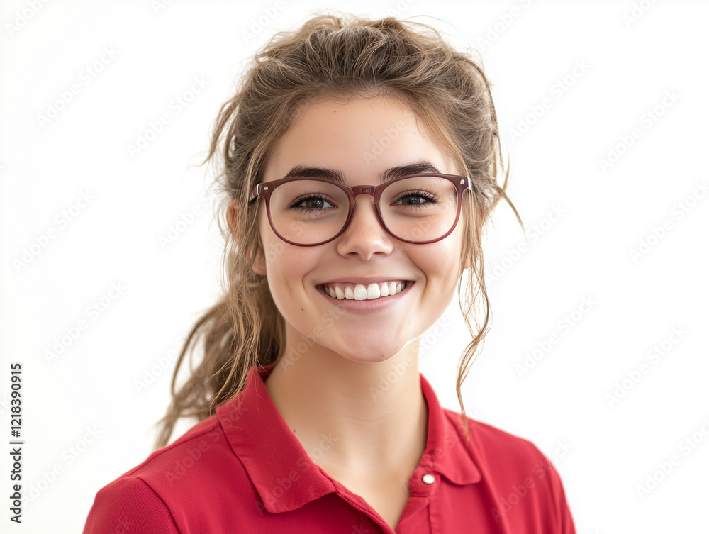 Fototapeta premium Portrait of a Smiling Young Girl Wearing Glasses and a Red Shirt in a Bright, Cheerful Setting