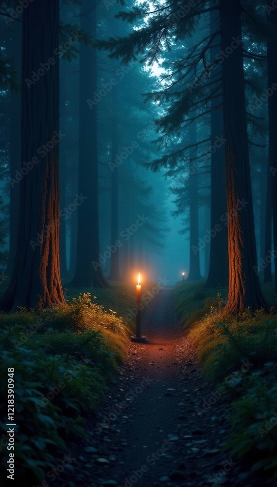 Naklejka premium Gloomy forest path illuminated by a lone candle, trees, wilderness, light