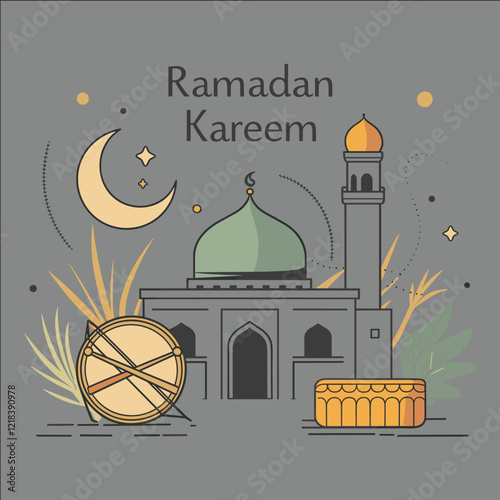 A drawing of a mosque and a drum with the words Ramadan Kareem written below. The drawing has a peaceful and celebratory mood, as it represents the Islamic holiday of Ramadan