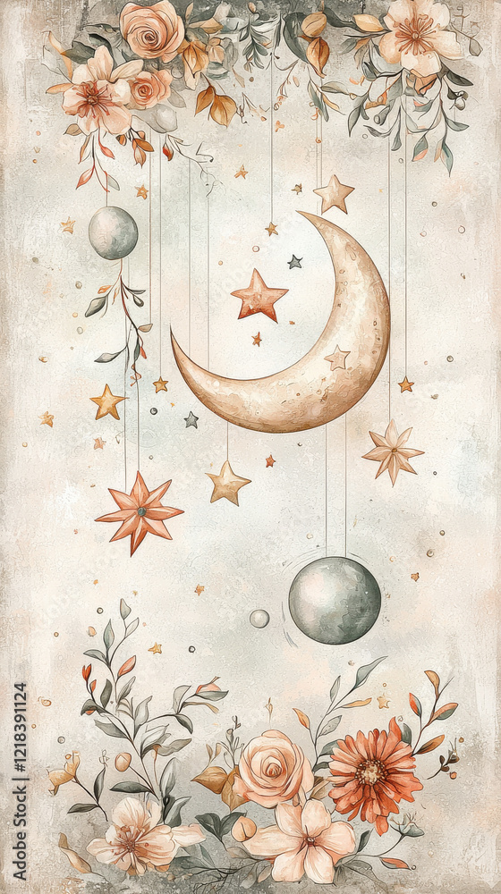 whimsical watercolor illustration featuring crescent moon, stars, and planets surrounded by delicate flowers and leaves, creating dreamy atmosphere