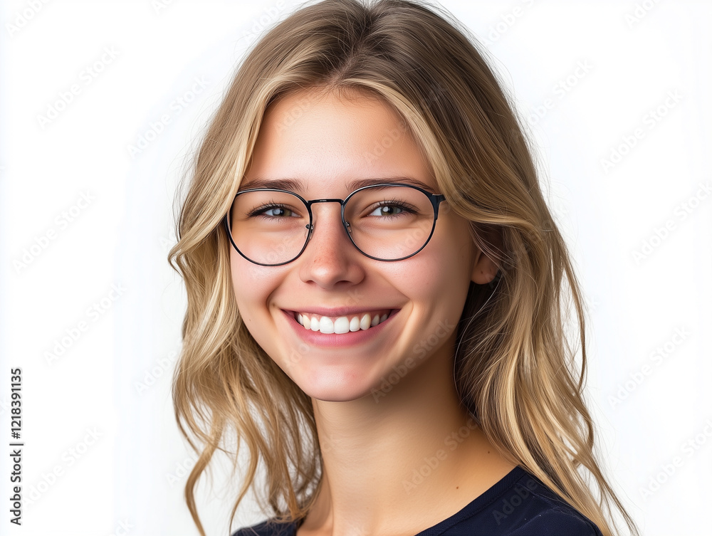Young Woman With Glasses Smiling in a Bright Studio Setting During the Day Young Woman With Glasses Smiling in a Bright Studio Setting During the Day