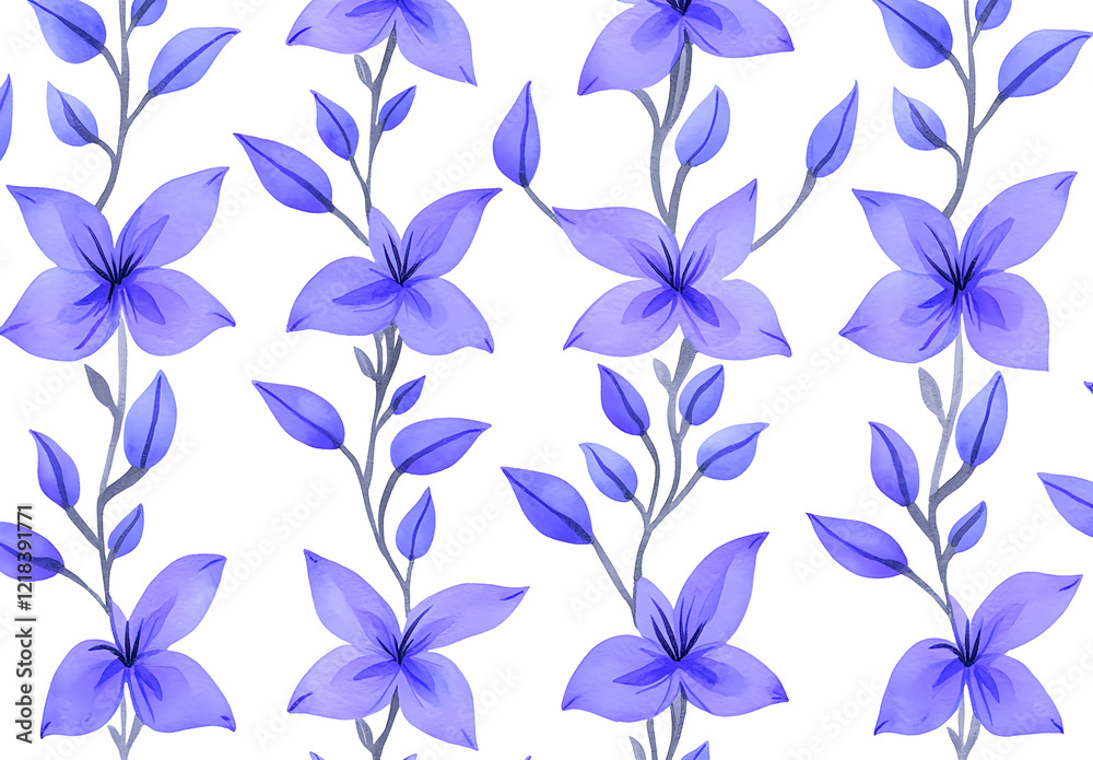 Fototapeta premium Watercolor blue floral pattern on a white background, detailed. 