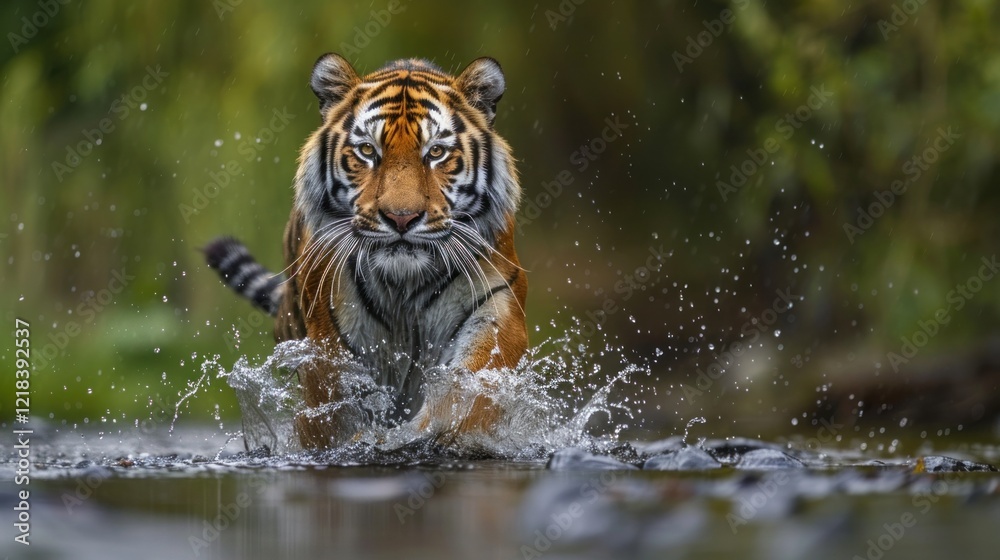 Obraz premium Tiger walking in river water, AI generated image