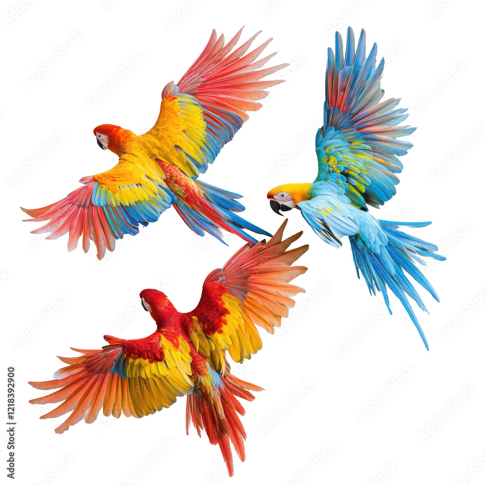 Three Macaws in Flight Colorful Birds Wings Feathers Tropical Wildlife Black Background, Three Macaws in Flight Colorful Birds Wings Feathers Tropical Wildlife Black Background,