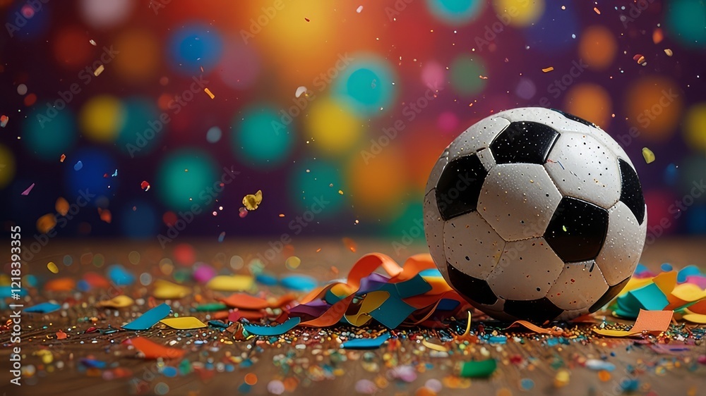 Fototapeta premium Soccer Ball, Confetti, Colorful Background
