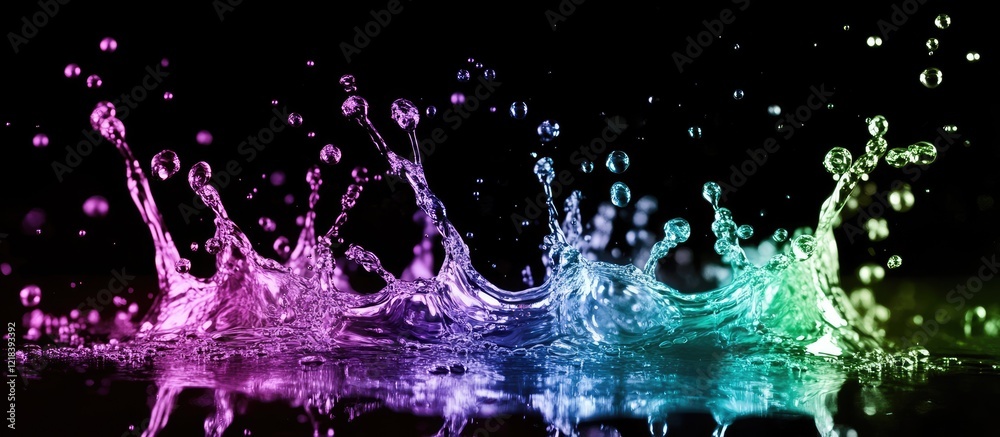Dynamic splashes of fluid drops in vibrant shades of purple, green, and blue create a mesmerizing neon effect on a sleek black background.