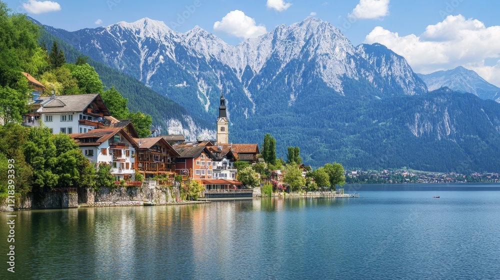 Picturesque mountain lake surrounded by Austrian Alps. Stunning scenery offers a breathtaking panoramic view, making it a perfect getaway. Picturesque mountain lake surrounded by Austrian Alps. Stunning scenery offers a breathtaking panoramic view, making it a perfect getaway.