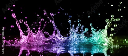 Obraz na płótnie Dynamic splashes of fluid drops in vibrant shades of purple, green, and blue create a mesmerizing neon effect on a sleek black background. w salonie