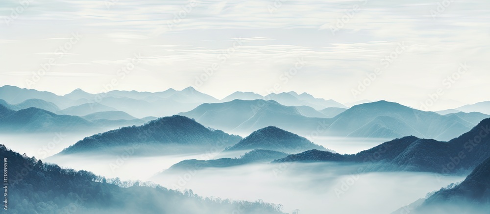 Serene misty mountain landscape featuring soft blue and gray silhouettes with layered hills creating a tranquil atmosphere in the foreground and background. Serene misty mountain landscape featuring soft blue and gray silhouettes with layered hills creating a tranquil atmosphere in the foreground and background.