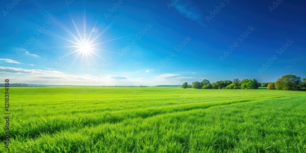 Obraz premium Green field and clear blue sky on a sunny day , nature, peaceful, serene, landscape, scenic, countryside, grass, meadow
