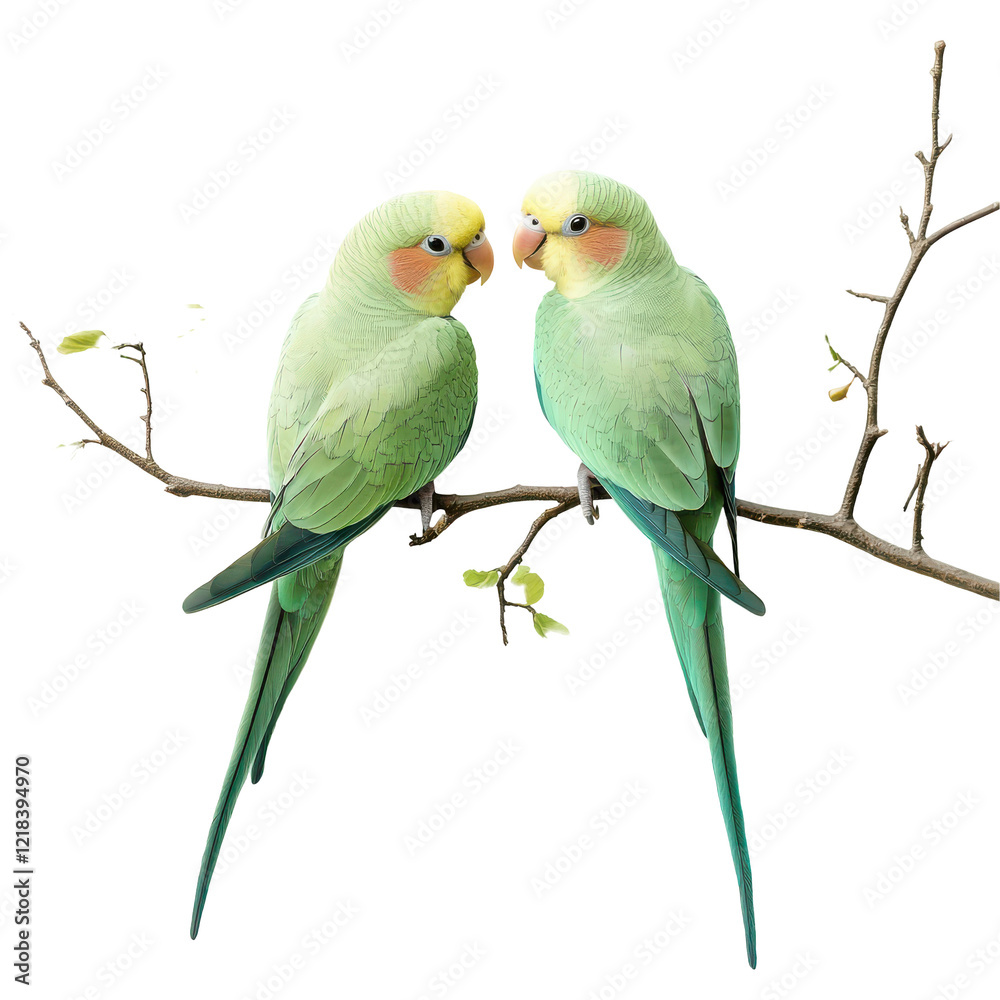 Fototapeta premium Two pastel green lovebirds perched on a branch facing each other