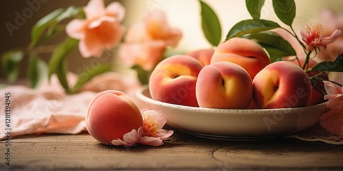 National Peach Month Fresh summer peaches with blossoms on rustic wooden table photo