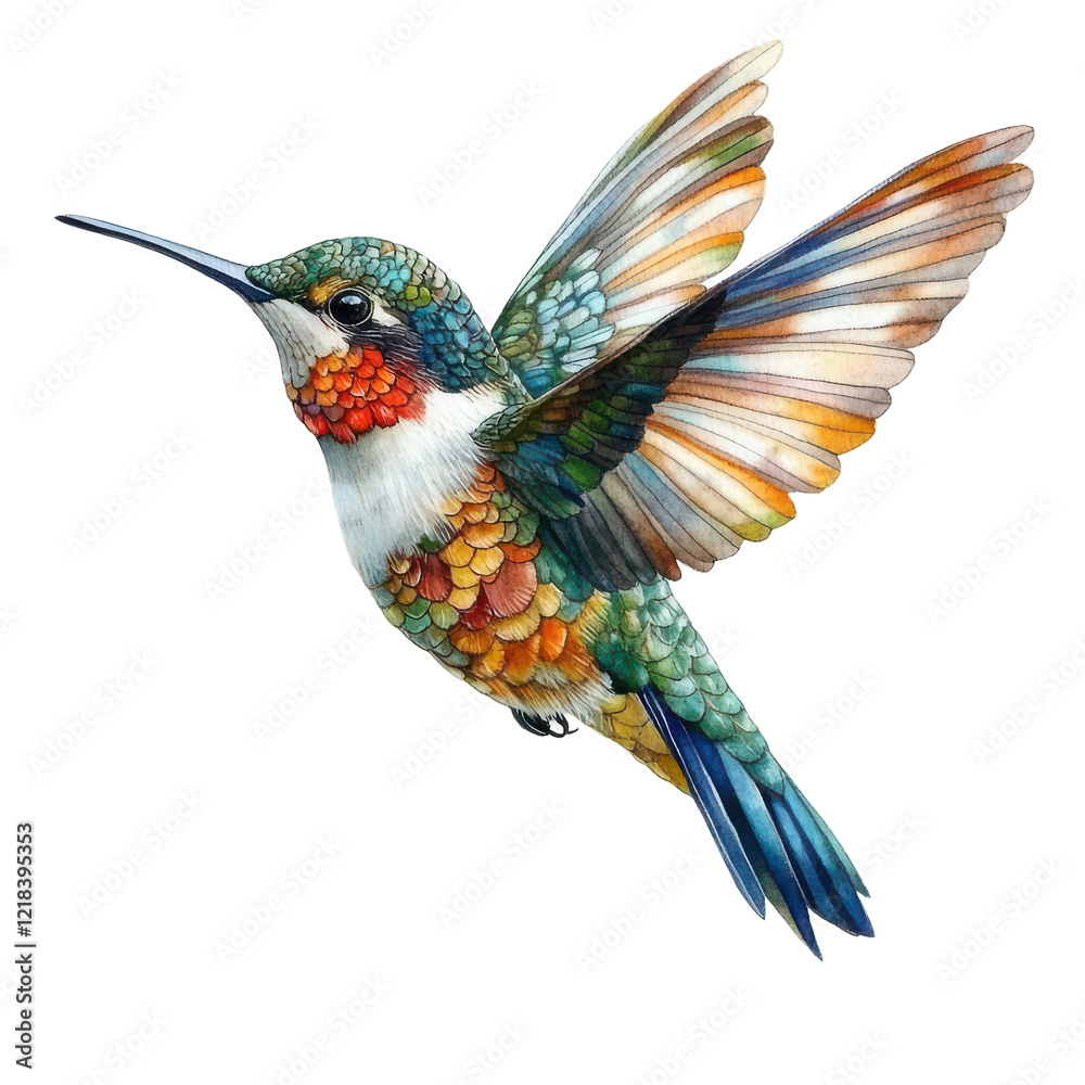 Obraz premium Vibrant Hummingbird in Flight Watercolor Art Nature Beauty Wings Colors