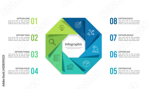 Stackable Hexagon Infographic 8 Options for Success. Banner, Poster, Business Presentation, Report and Plan. Vector illustration.