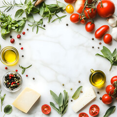 Frame of italian food cooking ingredients on marble background