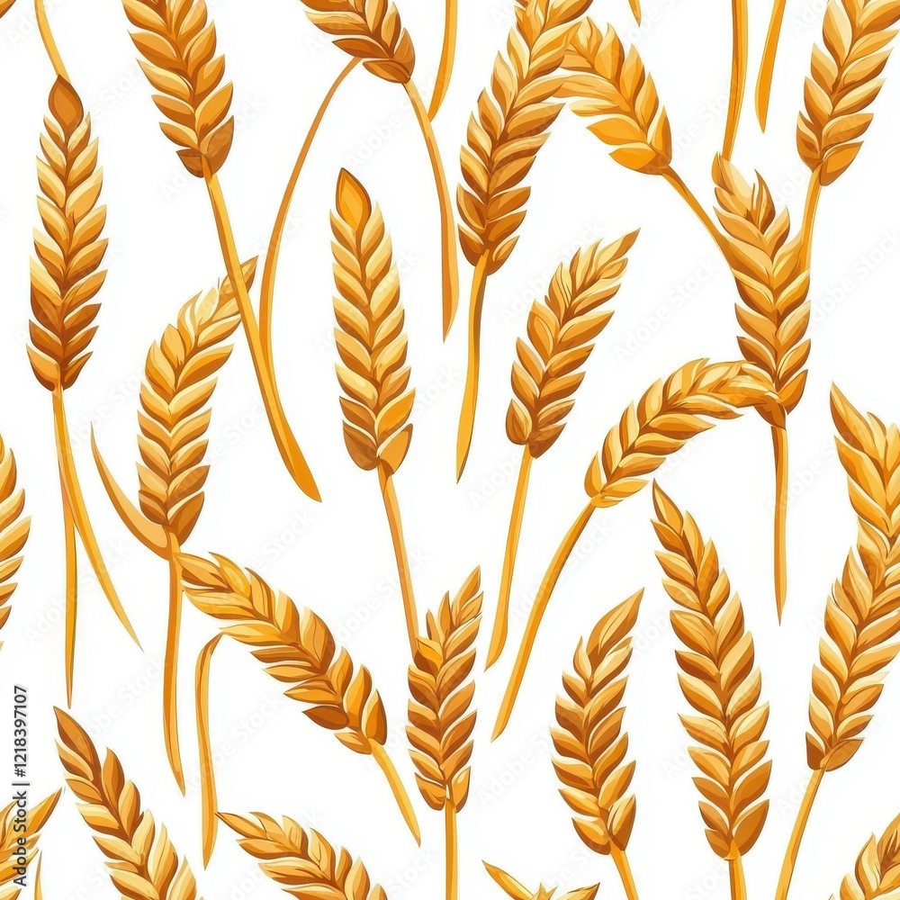 Flat style seamless pattern wheat stalks, evenly spaced, isolated on white background. Flat style seamless pattern wheat stalks, evenly spaced, isolated on white background.