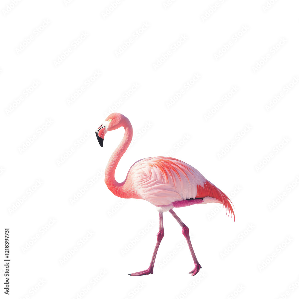 Fototapeta premium Pink Flamingo Walking on Black Background Exotic Bird Wildlife Nature