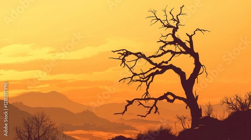 Silhouetted Bare Tree Against a Golden Sunset over Misty Mountains