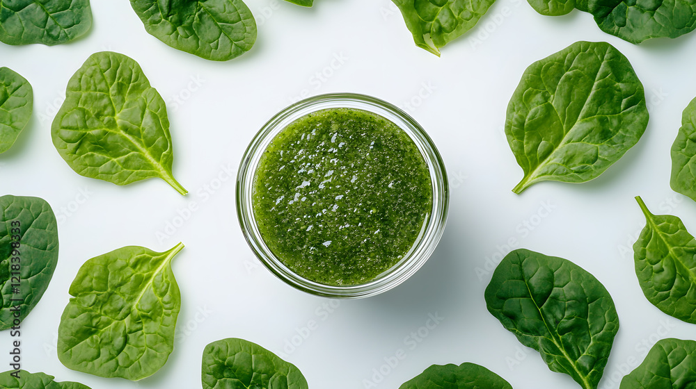 Obraz premium A glass of green smoothie surrounded by fresh spinach leaves on a white background, close-up view, high-resolution photography, insanely detailed and intricate, hyper-realistic, isolated on 