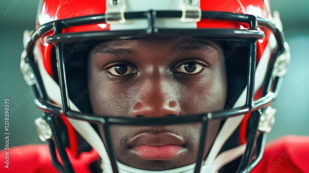A focused football player in a helmet stares directly at the viewer, showcasing determination and intensity. A focused football player in a helmet stares directly at the viewer, showcasing determination and intensity.