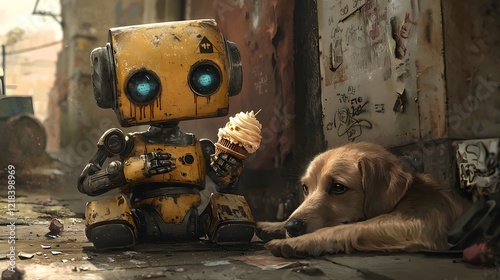 57. A robot enjoying an ice cream sandwich while a dog rests its head on its knee photo