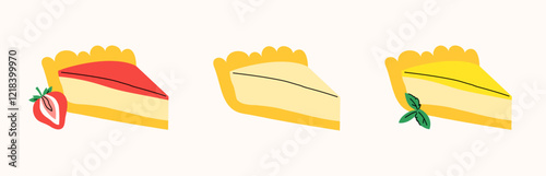 Set of cheesecake slices with different flavors - strawberry, New York, lemon with mint on a light background, drawing, сute simple hand drawn illustration, flat style