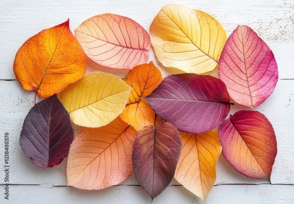 A Vibrant Collection of Autumn Leaves Displaying a Gorgeous Array of Colors Including Yellow, Orange, Red, and Purple Against a Rustic White Wooden Background A Vibrant Collection of Autumn Leaves Displaying a Gorgeous Array of Colors Including Yellow, Orange, Red, and Purple Against a Rustic White Wooden Background