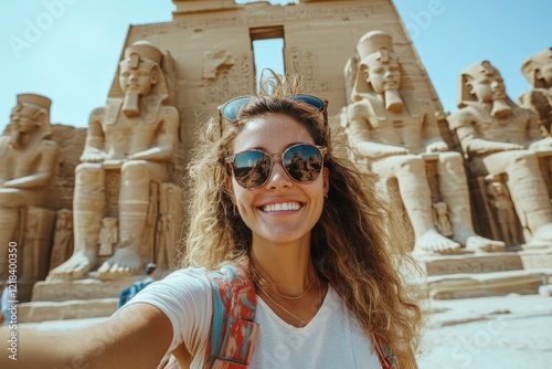 Tourist taking a selfie at the great temple of abu simbel photo