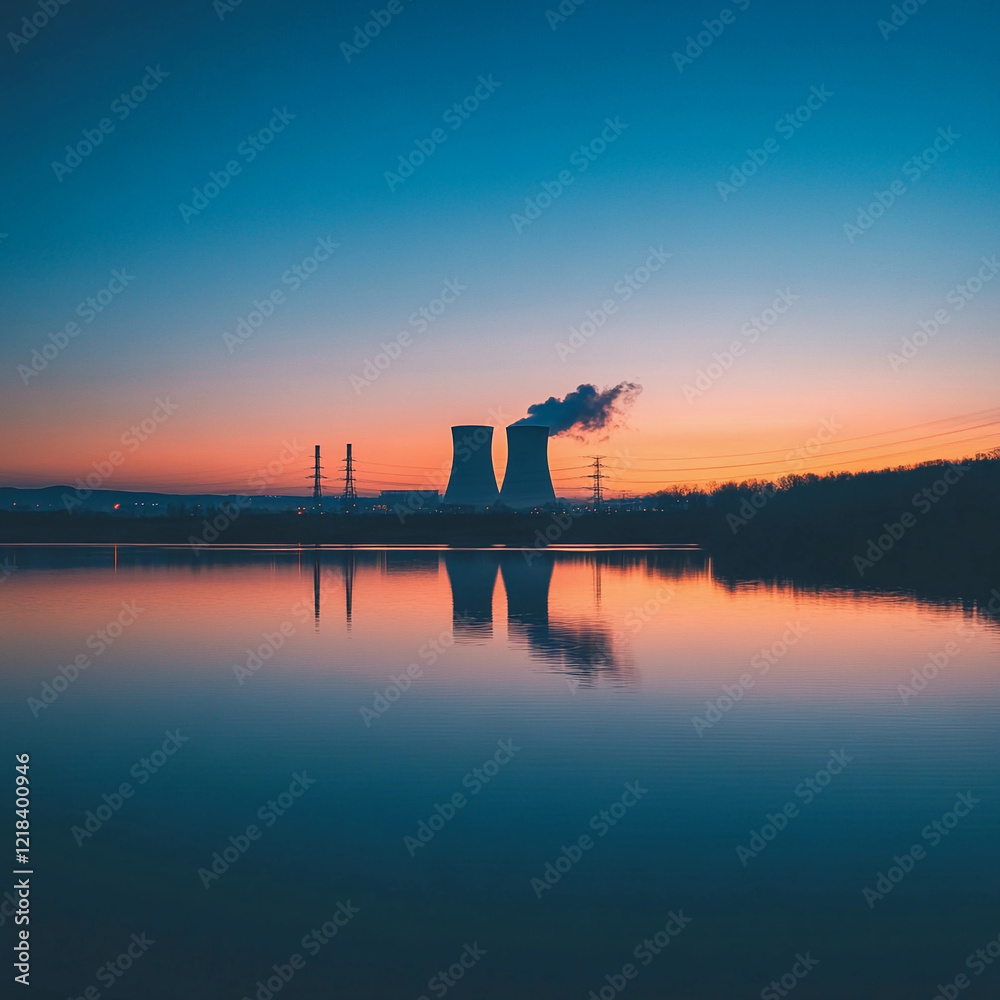 Sunset over a cooling tower and power plant reflecting in calm waters Sunset over a cooling tower and power plant reflecting in calm waters